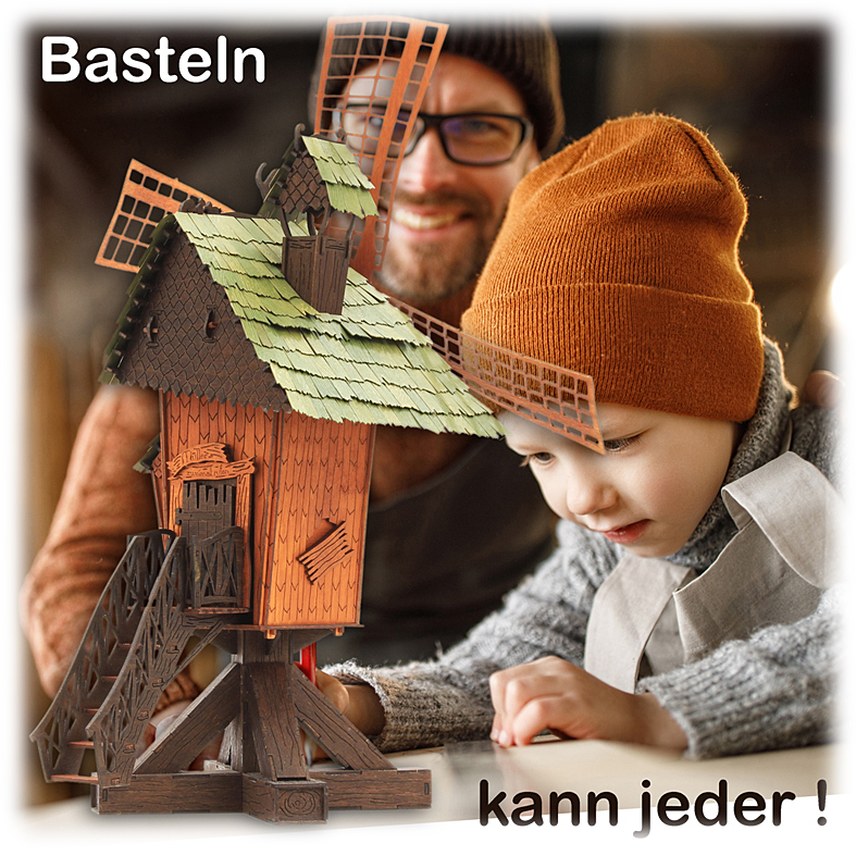 Bausatz DAMASU-Holzkunst Modellhaus Bretterbude , Bastelsatz Seiffen Waldhaus, basteln mit Kunstgewerbe Rauchhaus Windmühle