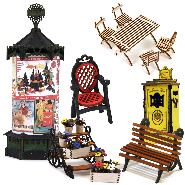 Modellbau, Litfaßsäule, Postkasten, Briefkasten, Stuhl Tisch, Gartenbank, Bastelsatz, DAMASU, Erzgebirge, Holzkunst, selber bauen, Weihnachten, basteln, Seiffen